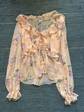 SO Peach Floral Ruffle Tie-Front Blouse with Lavender Accents